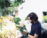 A person with medium-length hair is tending to potted plants indoors, pouring water from a small watering can. The space is filled with a variety of green plants, both hanging and placed on shelves. The scene is well-lit, with a yellow desk lamp adding to the bright ambiance.