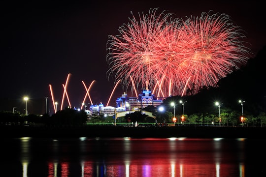 fireworks display over body of water during night time in Chimelong Ocean Kingdom China
