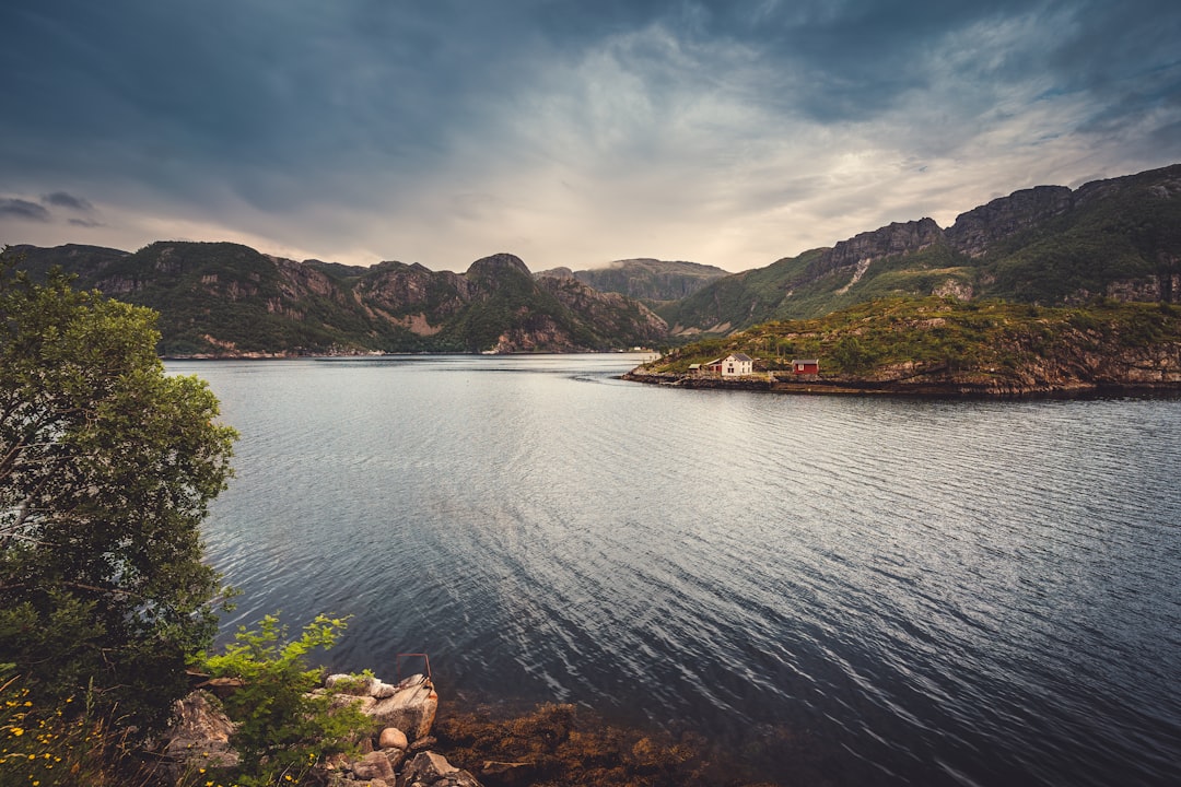 green and brown mountain beside body of water under cloudy sky during daytime