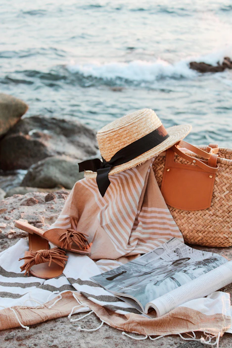 A sunlit beach scene featuring a stylish straw hat resting on a colorful towel.