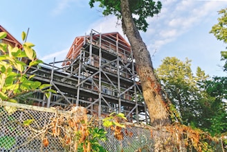 A partially constructed or scaffolded building structure is visible, surrounded by lush green trees and vines. The frame of the building appears to be made of metal or wood, with distinct diagonal beams. Some vegetation is growing around a mesh fence in the foreground, adding a natural and untamed feel to the scene.