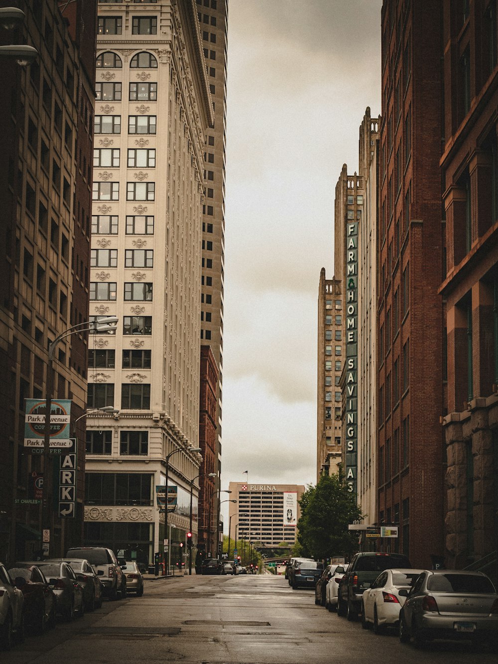 cars parked on side of the road in between high rise buildings