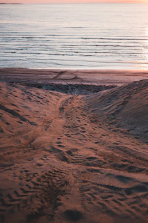 Early morning light illuminating a quiet beach path with footprints leading toward the ocean.