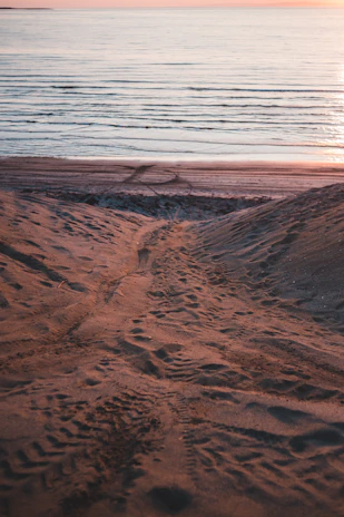 Early morning light illuminating a quiet beach path with footprints leading toward the ocean.