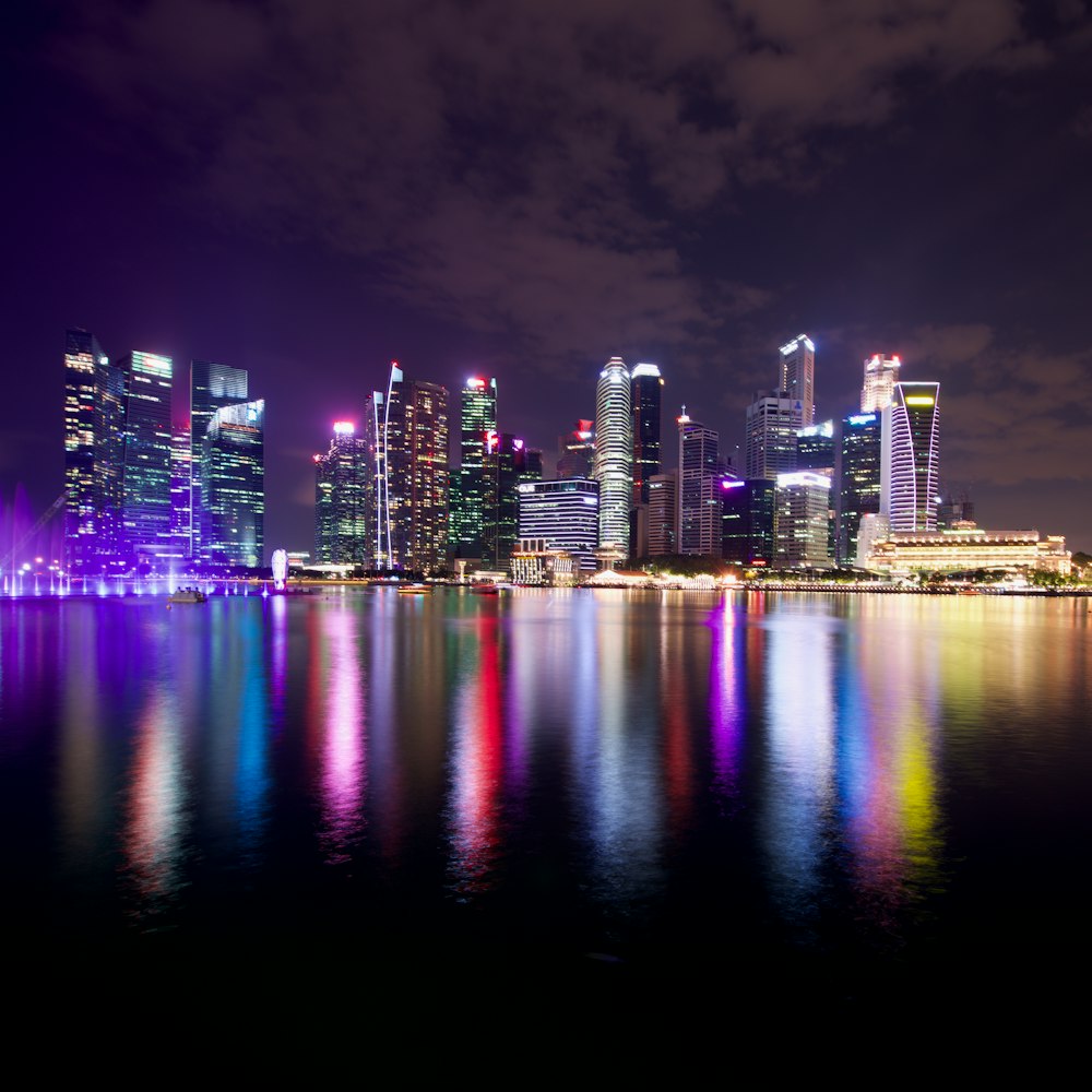 city skyline during night time