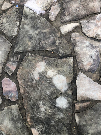 Close-up of a stamped concrete pavement with intricate stone patterns in warm earth tones.