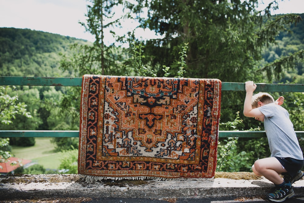 brown and white floral area rug