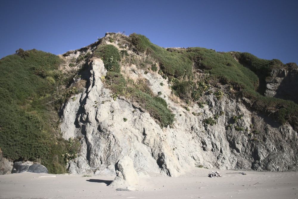 낮 동안 하얀 모래 해변에 회색과 녹색 암석 형성