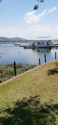 A serene lakeside scene features a grassy shoreline with a brown brick border. In the water, boats are moored, including a prominent white houseboat with a blue canopy. Ducks are swimming nearby, and in the distance, hills and scattered clouds add to the calm ambiance.
