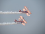 Two orange biplanes perform an aerial stunt with white smoke trails streaming behind them. The planes have 'BREITLING' written on the wings and fuselage, and each plane has a person standing on top, demonstrating wing-walking. The sky is clear with a subtle grayish-blue hue.