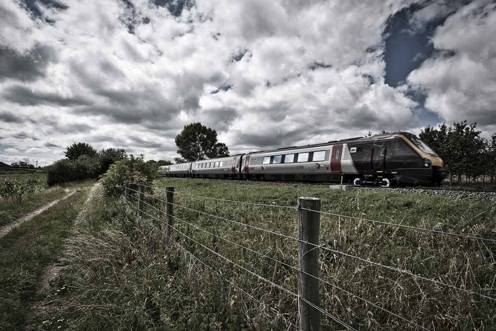 a train traveling down train tracks next to a lush green field