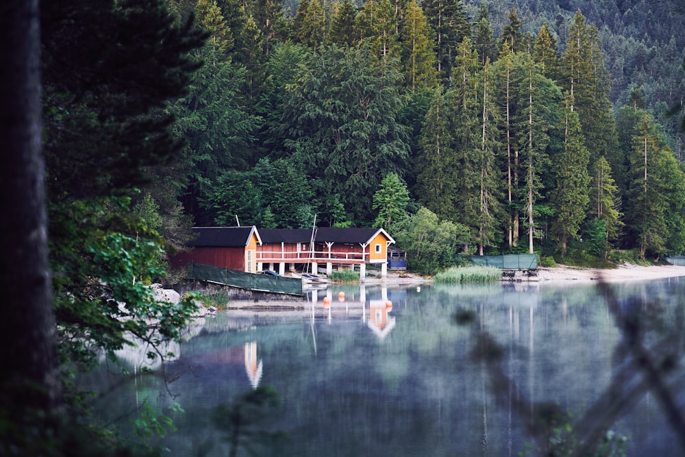 Maison brune et blanche près du lac entourée d’arbres verts pendant la journée