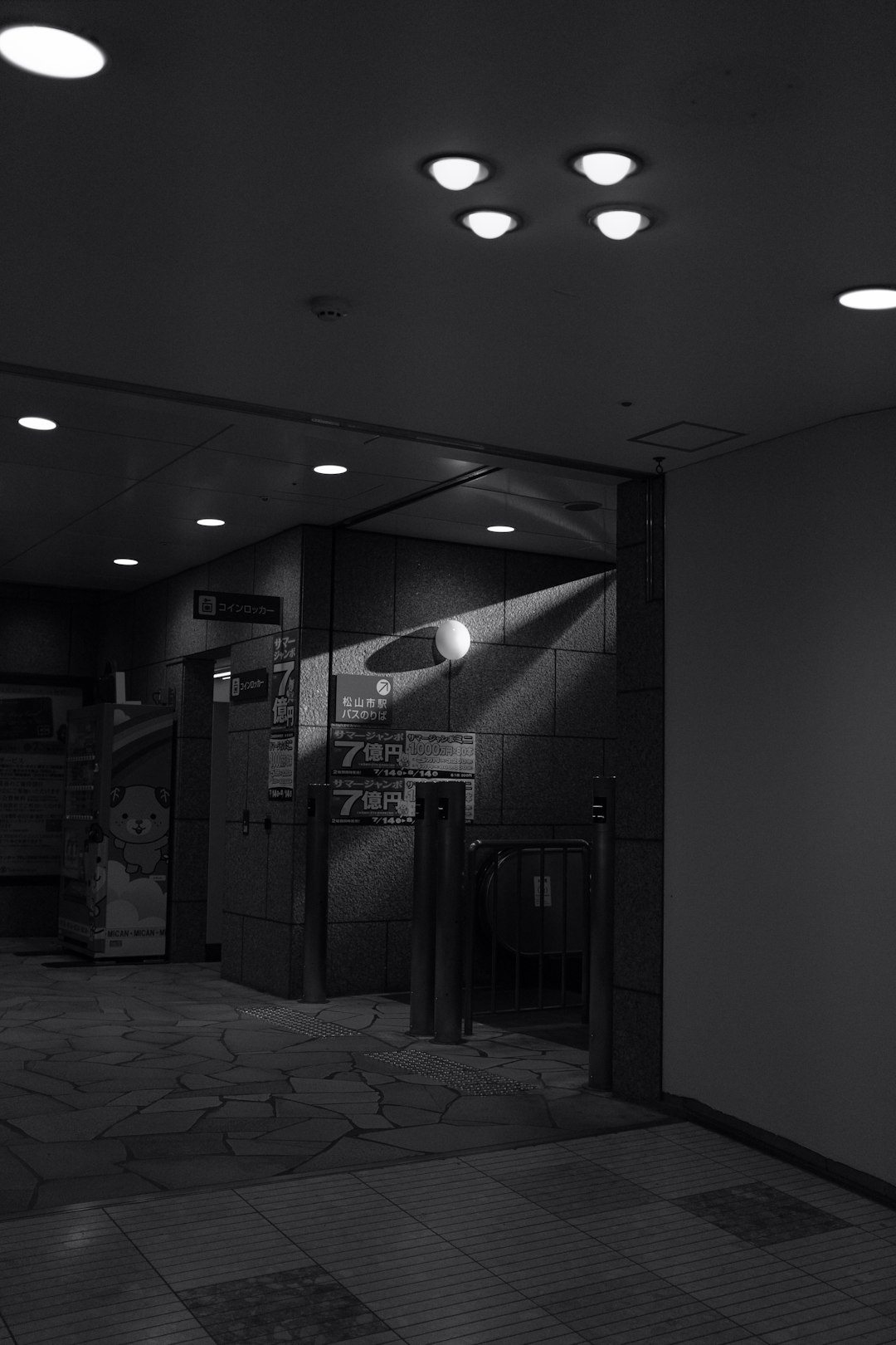 grayscale photo of hallway with lights turned on in room