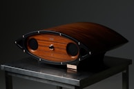A sleek, wooden audio speaker with a unique curved shape rests on a metallic table. The speaker features rounded edges, a wood finish with a central knob, and black speaker covers. The finish has a rich, dark wood grain accented by metallic elements.