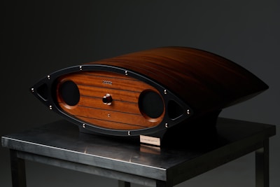 A sleek, wooden audio speaker with a unique curved shape rests on a metallic table. The speaker features rounded edges, a wood finish with a central knob, and black speaker covers. The finish has a rich, dark wood grain accented by metallic elements.