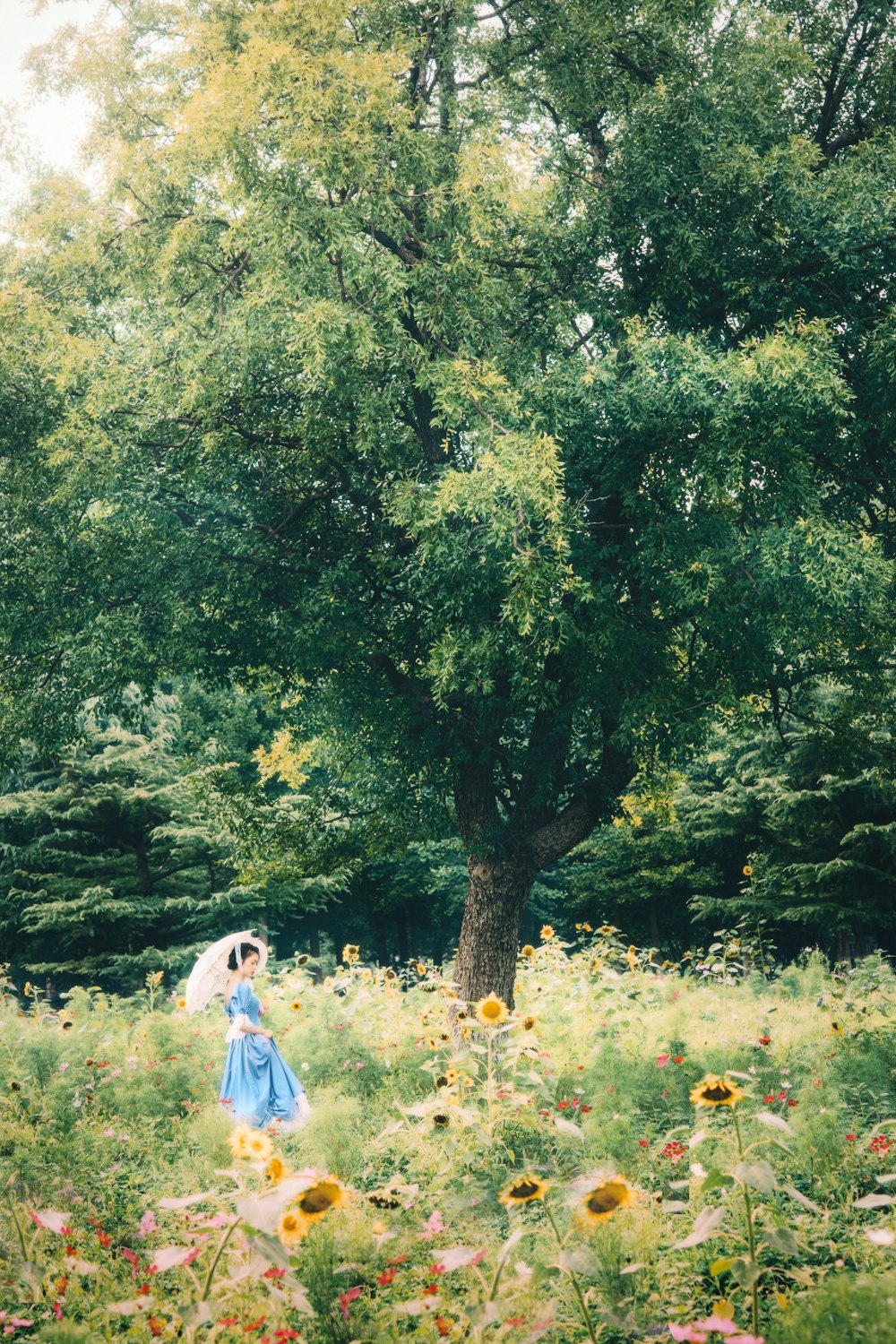 woman in blue dress walking on green grass field during daytime