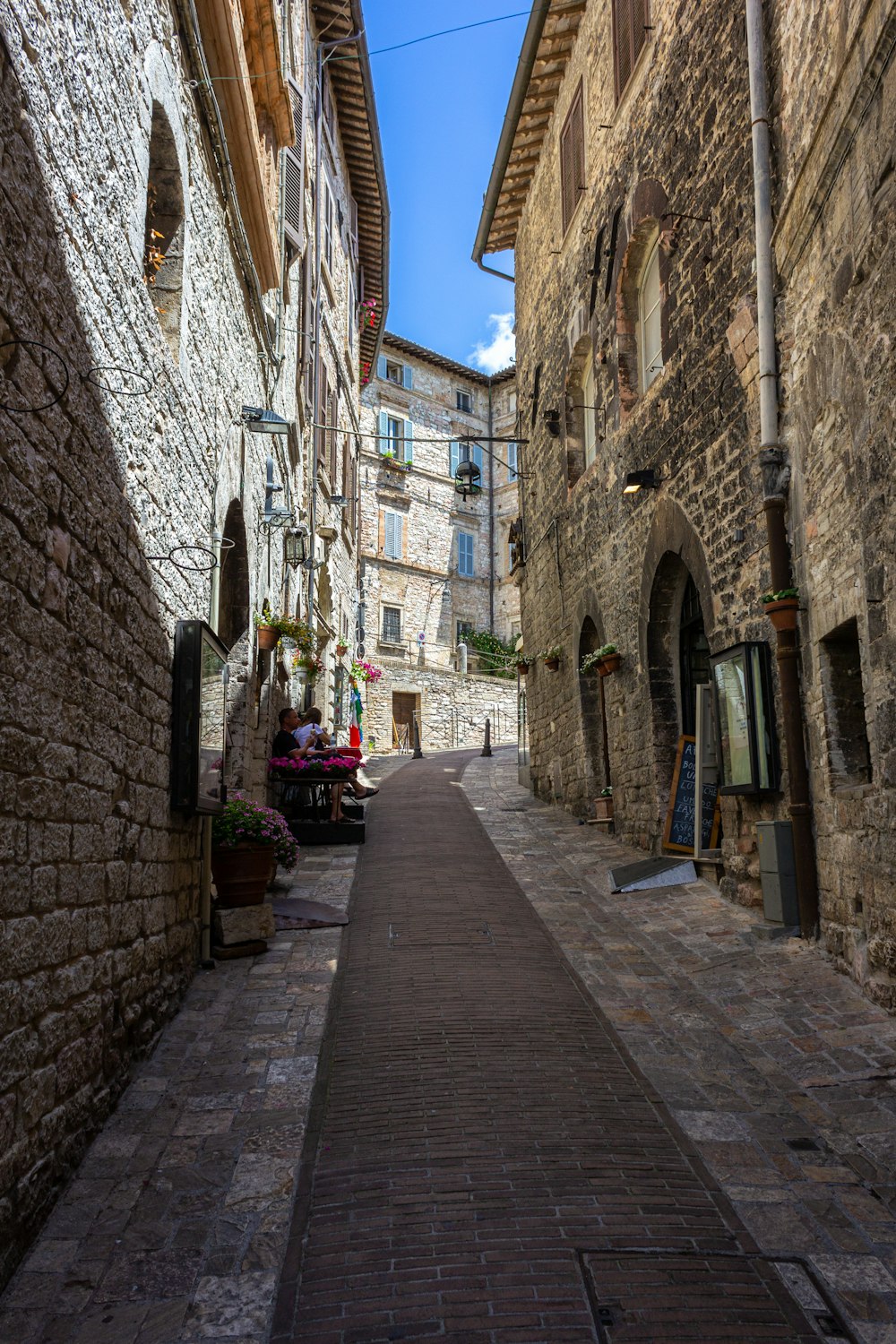 brown brick pathway between brown brick buildings during daytime