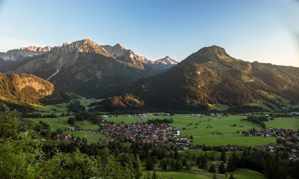 campo di erba verde vicino alla montagna sotto il cielo blu durante il giorno