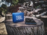 A portable blue JBL speaker is placed on a tree stump next to a smartphone. There are several logs and branches in the background, suggesting a natural outdoor setting. The scene is shaded by tree foliage overhead.