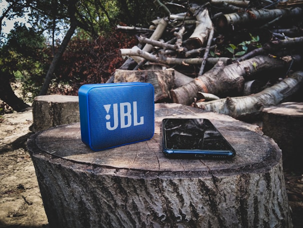 A portable blue JBL speaker is placed on a tree stump next to a smartphone. There are several logs and branches in the background, suggesting a natural outdoor setting. The scene is shaded by tree foliage overhead.