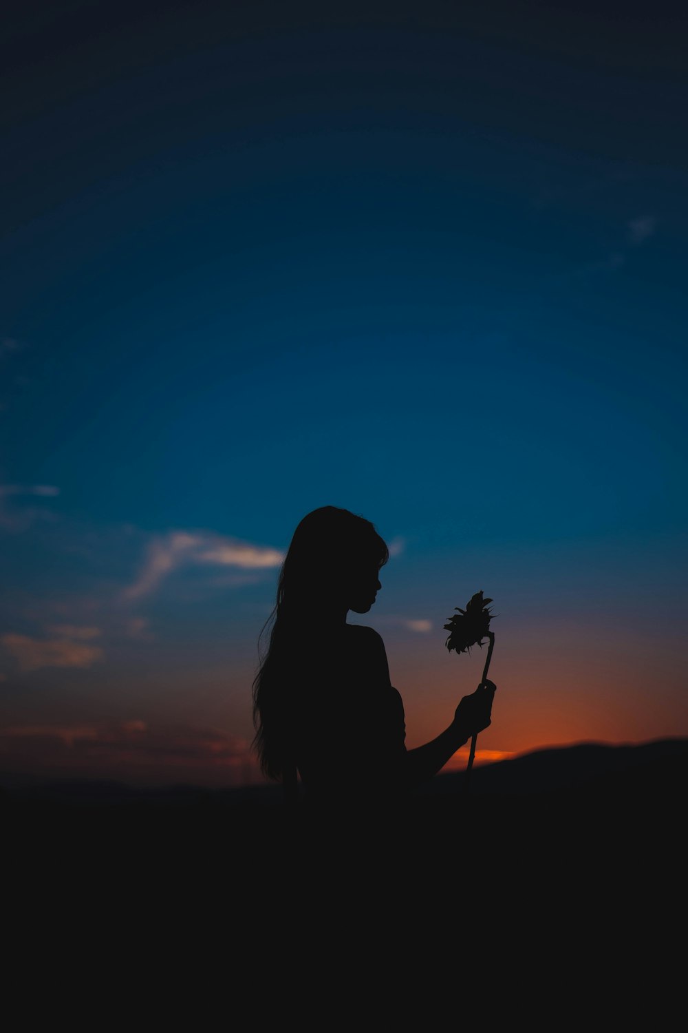 silhouette of woman holding flower during sunset