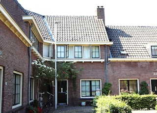 brown brick house with green plants