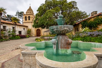 brown concrete fountain near green trees during daytime