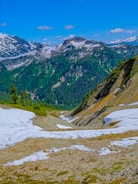 A picturesque landscape featuring a valley surrounded by rugged mountains with snow patches on their slopes. Lush green forests cover the lower altitudes, contrasting with the rocky, snow-capped peaks. The sky is bright blue, dotted with a few fluffy clouds.