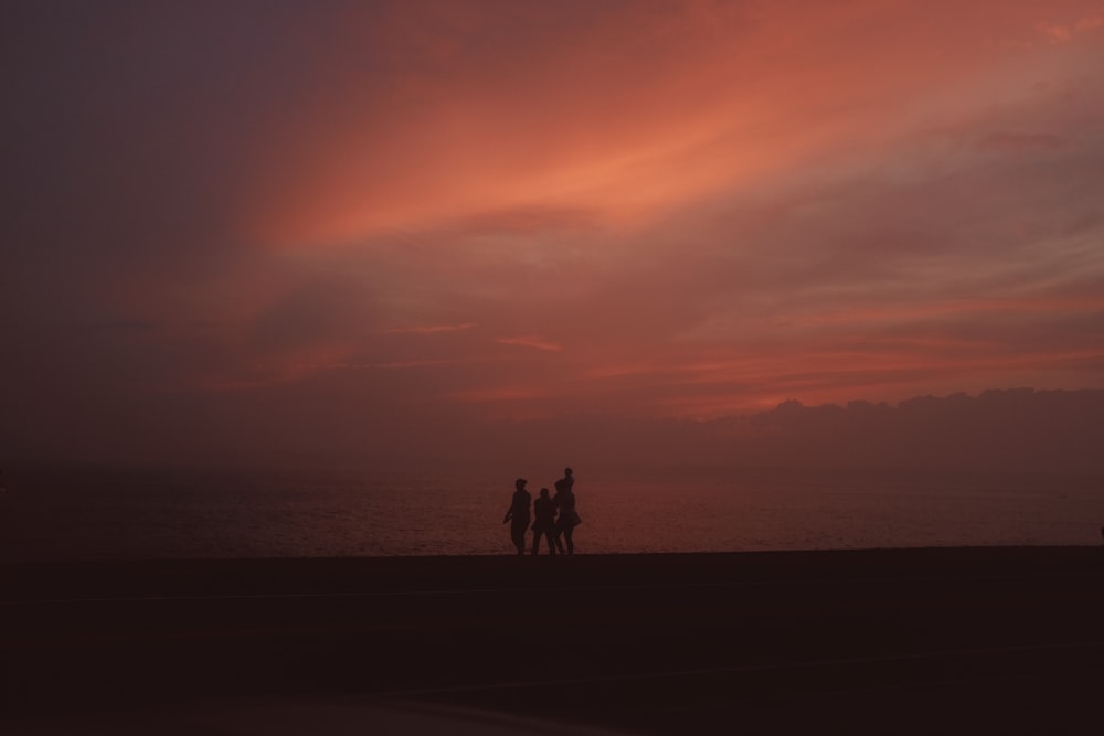 silhouette of 2 person standing on beach during sunset