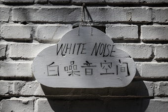 A cloud-shaped wooden sign hangs against a light gray brick wall. The sign reads 'WHITE NOISE' in English and contains Chinese characters below.