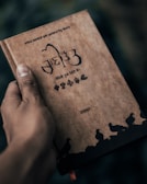 A hand is holding a book with a brown cover. The book has text and decorative elements in a script that appears to be Punjabi or Hindi. The cover features illustrations of birds along the bottom and various floral patterns. The background is blurred and dark.