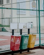 red and white trash bins