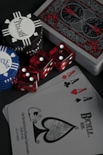 A collection of poker chips, red dice, and a deck of playing cards is arranged on a dark surface. The cards include an ace of spades with intricate black artwork and a standard Bicycle design. The set includes black, white, and blue poker chips featuring the Bicycle brand name.