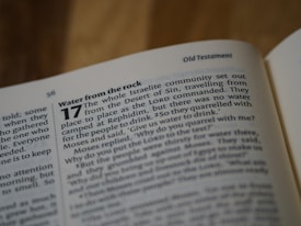 An open page of a Bible displaying text from the Old Testament. The passage titled 'Water from the rock' is prominently visible, with the story of Moses and the Israelites in the desert.