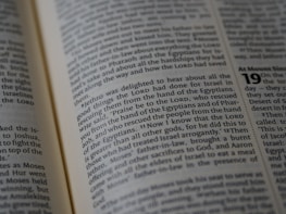 An open book displaying a page filled with text. The text is clearly printed, featuring a mix of normal and bold fonts, with some words emphasized in bold for highlight. The focus is primarily on the left page, while the right page is visible but blurred.