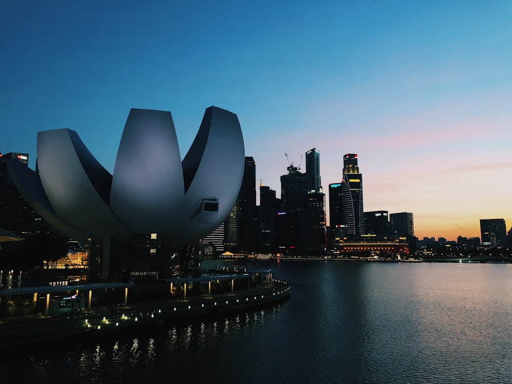 city skyline across body of water during night time