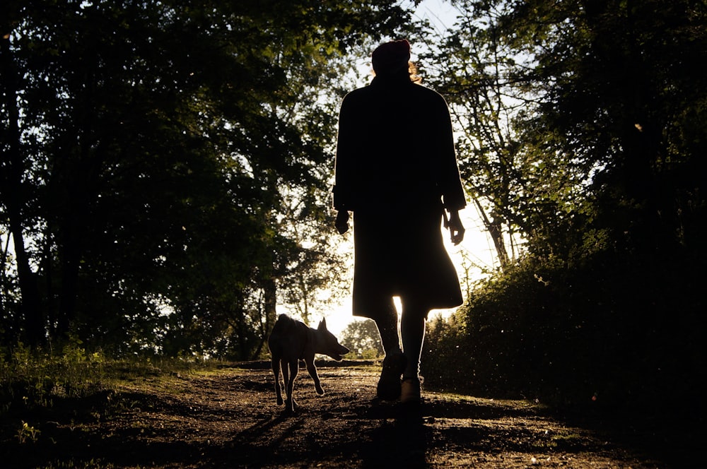 silhouette of man and dog walking on dirt road during daytime