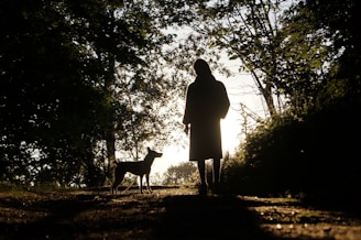silhouette of woman standing beside dog during daytime