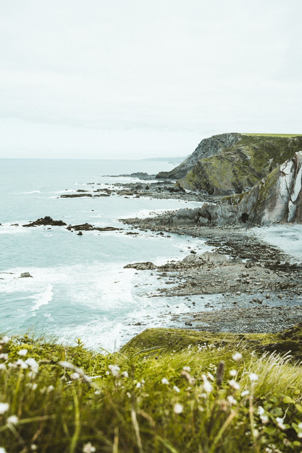 green grass covered mountain beside sea during daytime