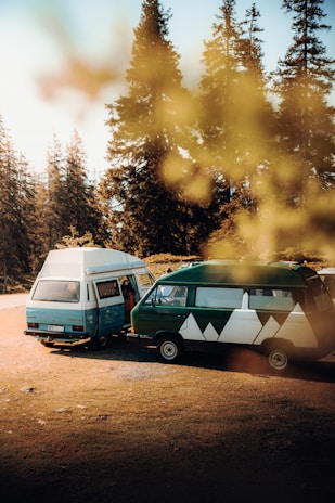 Two vintage camper vans are parked on a grassy area surrounded by tall pine trees. The vans have unique designs, with one colored blue and white and the other green with geometric mountain graphics. Sunlight filters through the trees, creating a warm and inviting atmosphere. The scene captures a sense of adventure and freedom in a natural setting.