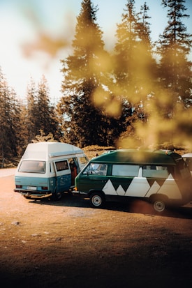 Two vintage camper vans are parked on a grassy area surrounded by tall pine trees. The vans have unique designs, with one colored blue and white and the other green with geometric mountain graphics. Sunlight filters through the trees, creating a warm and inviting atmosphere. The scene captures a sense of adventure and freedom in a natural setting.