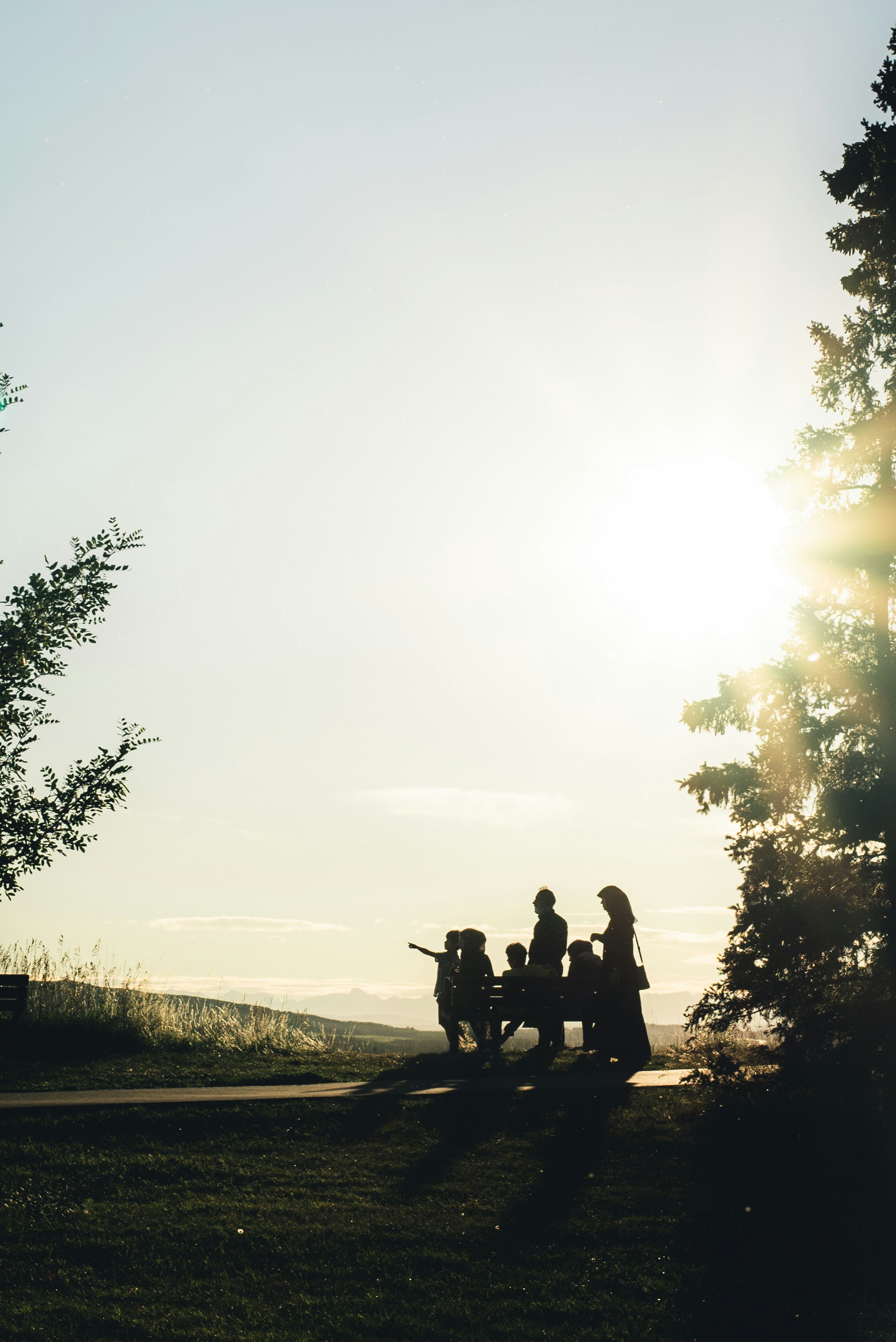 A family in silhouette on a bench against a bright low sun