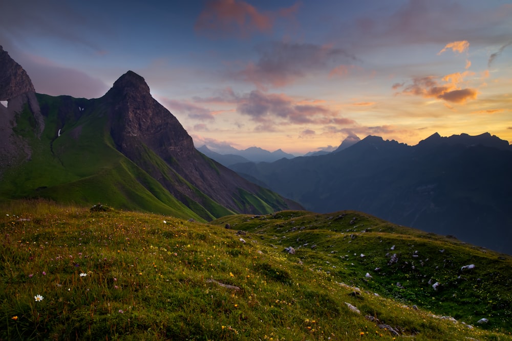 green grass field and mountains during daytime