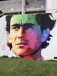 A colorful mural on a wall depicting a person's face. The portrait is styled with vibrant colors, blending greens, blues, pinks, and reds. The mural is located outdoors with grass in the foreground and an industrial-looking structure above.