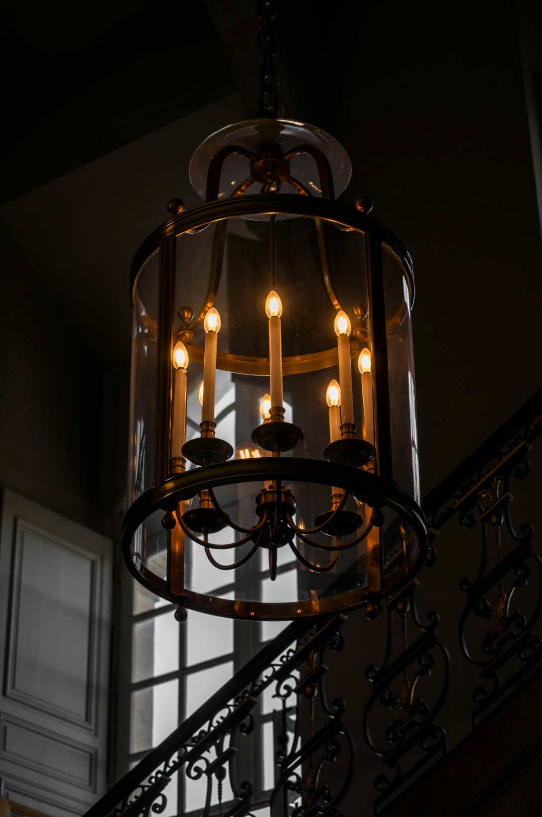 black metal framed glass chandelier