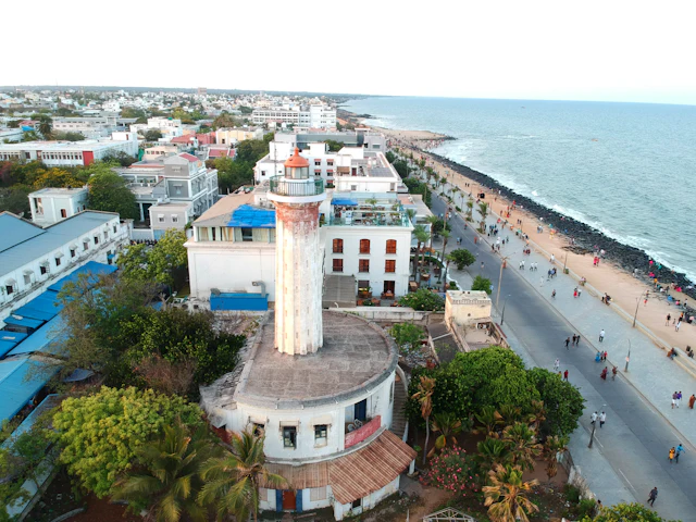 The old lighthouse and seafront promenade of Pondicherry from above