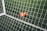 A close-up view of a football pitch, with a focus on two bright orange markers near the goal net. The green artificial turf is marked with a white line, and the net adds a texture to the scene.