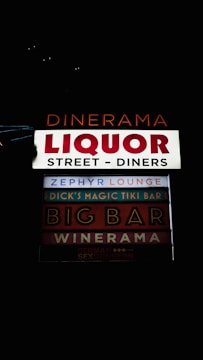 A series of illuminated signs advertising various establishments, including bars and diners. The signs are arranged vertically and feature names like 'Dinerama,' 'Liquor Street - Diners,' and 'Zephyr Lounge,' among others. The lettering is bold and colorful against a dark background, implying a nighttime setting.
