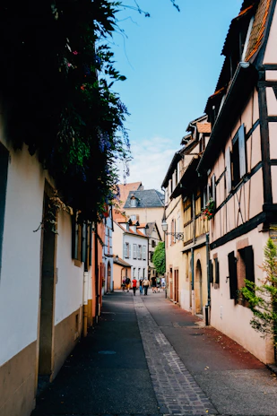 A sunlit cobblestone street in Strasbourg lined with colorful half-timbered houses and blooming flowers.