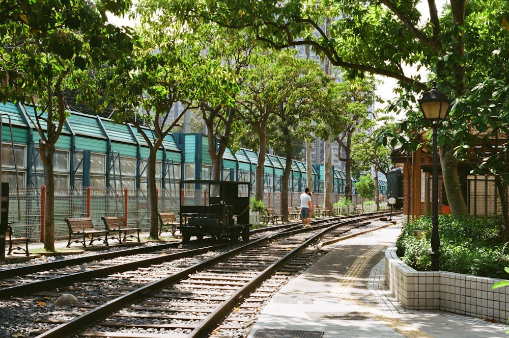 train rail near green trees during daytime